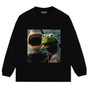 CHILL FROG PUPPET SMOKING WITH GIANT SHARK MEME TEE & LS & HOODIE
