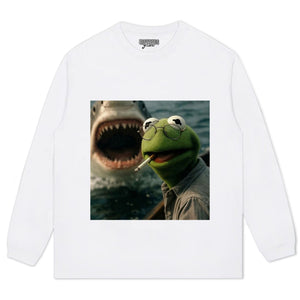 CHILL FROG PUPPET SMOKING WITH GIANT SHARK MEME TEE & LS & HOODIE