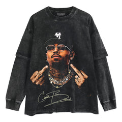 VINTAGE CHRIS BROWN MIDDLE FINGER LAYERED LONG SLEEVE