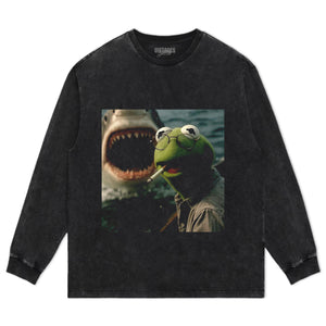 CHILL FROG PUPPET SMOKING WITH GIANT SHARK MEME TEE & LS & HOODIE